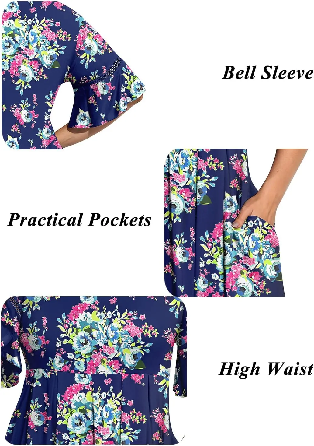 Pinup Fashion Women's Plus Size Bell Sleeve Round Neck Casual Summer Knit Babydoll Swing Sundress Pockets