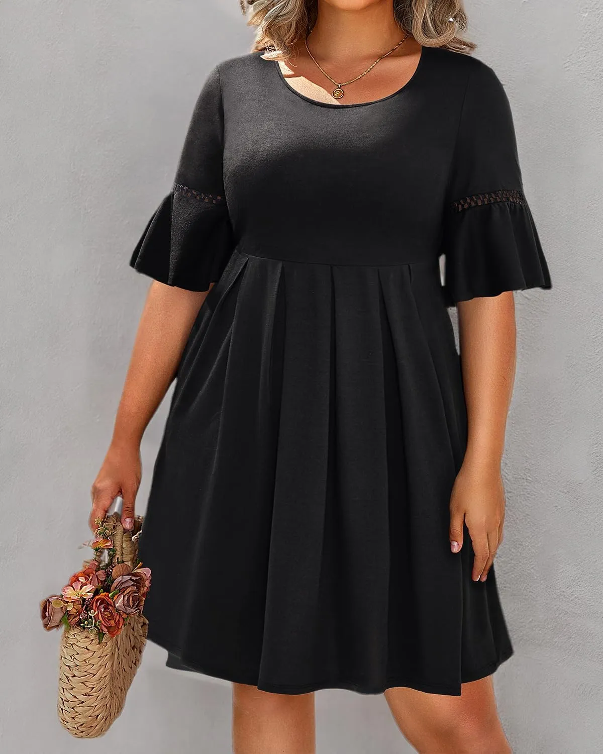 Pinup Fashion Women's Plus Size Bell Sleeve Round Neck Casual Summer Knit Babydoll Swing Sundress Pockets