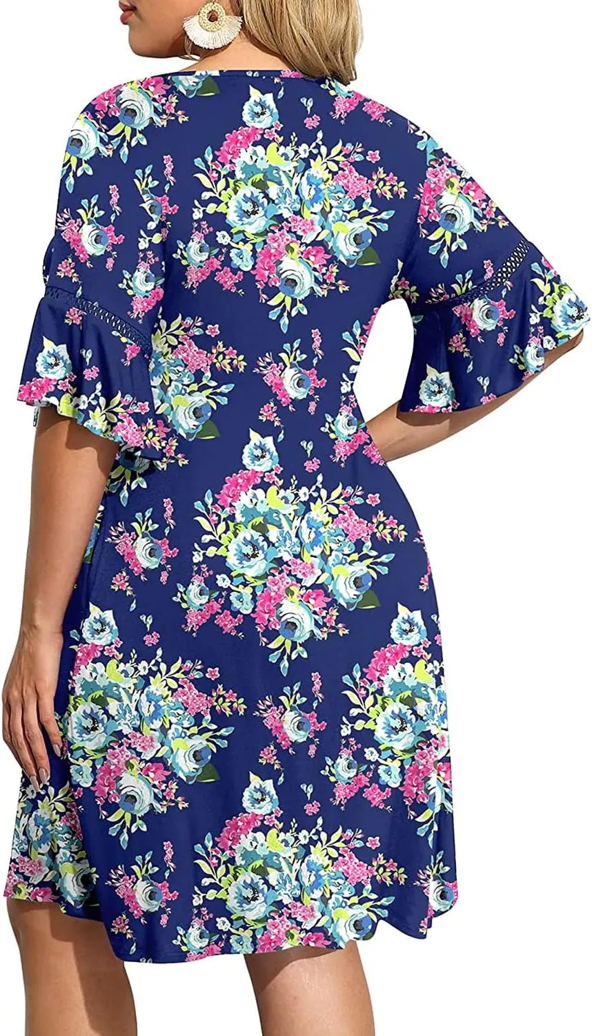Pinup Fashion Women's Plus Size Bell Sleeve Round Neck Casual Summer Knit Babydoll Swing Sundress Pockets
