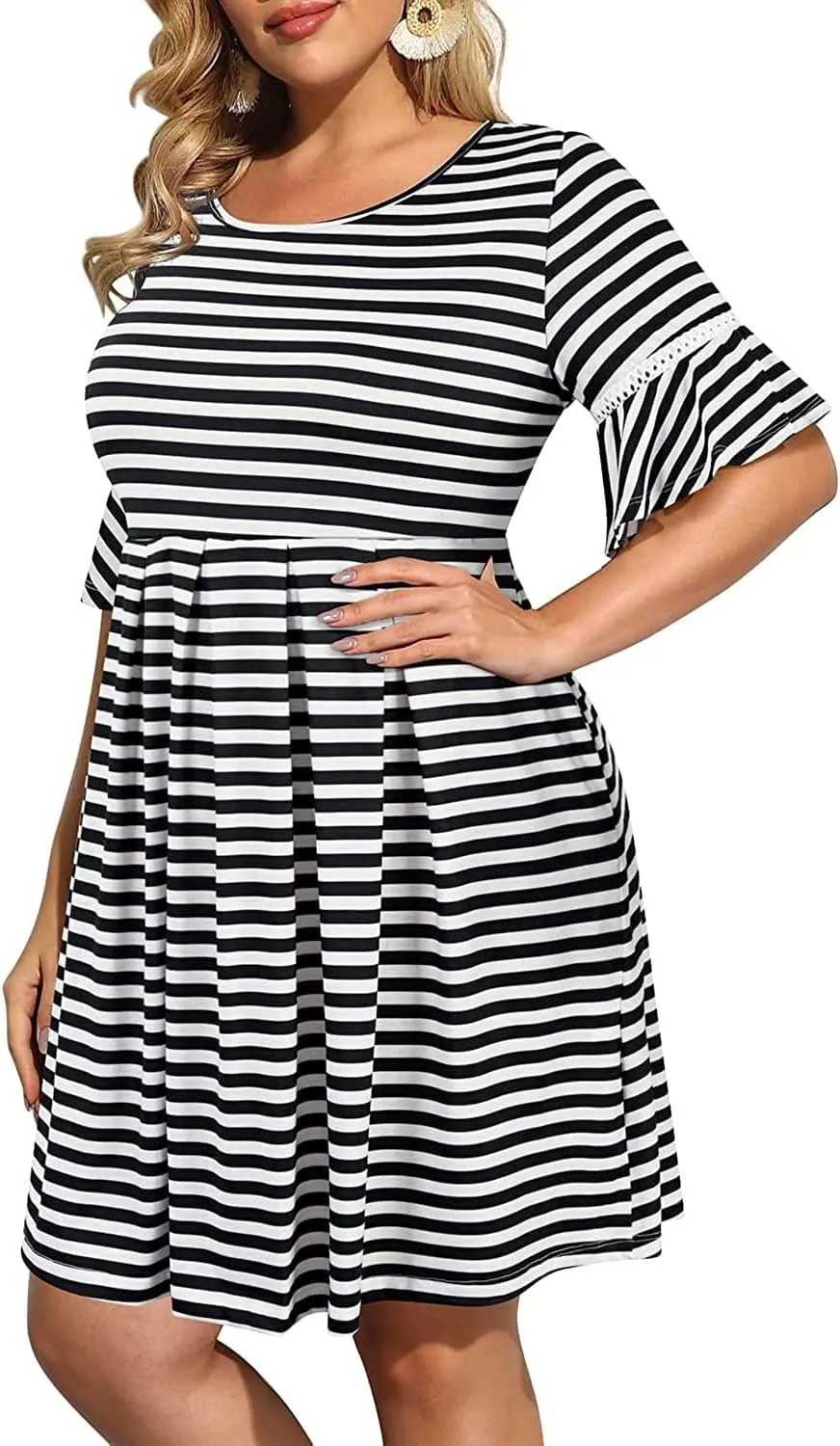 Pinup Fashion Women's Plus Size Bell Sleeve Round Neck Casual Summer Knit Babydoll Swing Sundress Pockets