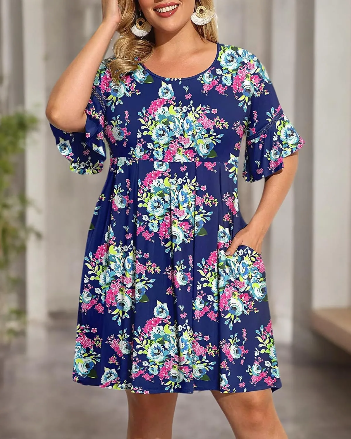 Pinup Fashion Women's Plus Size Bell Sleeve Round Neck Casual Summer Knit Babydoll Swing Sundress Pockets