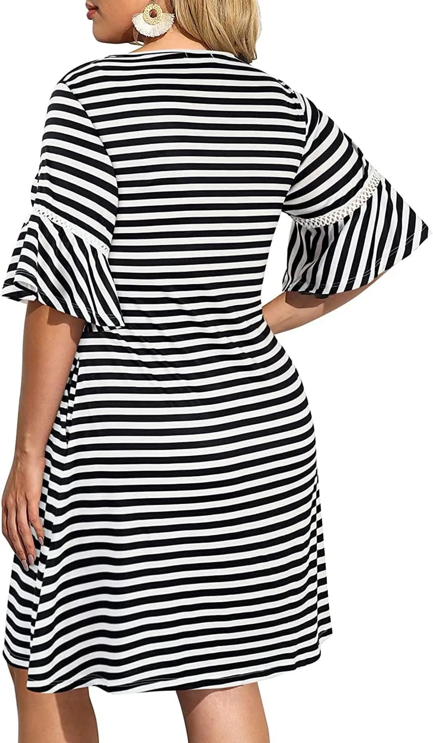 Pinup Fashion Women's Plus Size Bell Sleeve Round Neck Casual Summer Knit Babydoll Swing Sundress Pockets