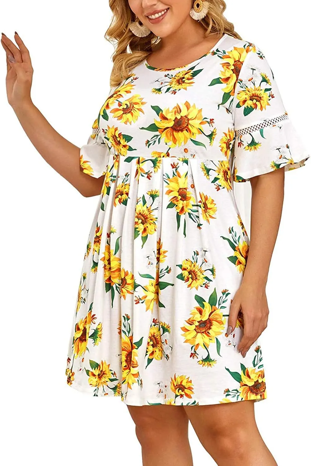 Pinup Fashion Women's Plus Size Bell Sleeve Round Neck Casual Summer Knit Babydoll Swing Sundress Pockets