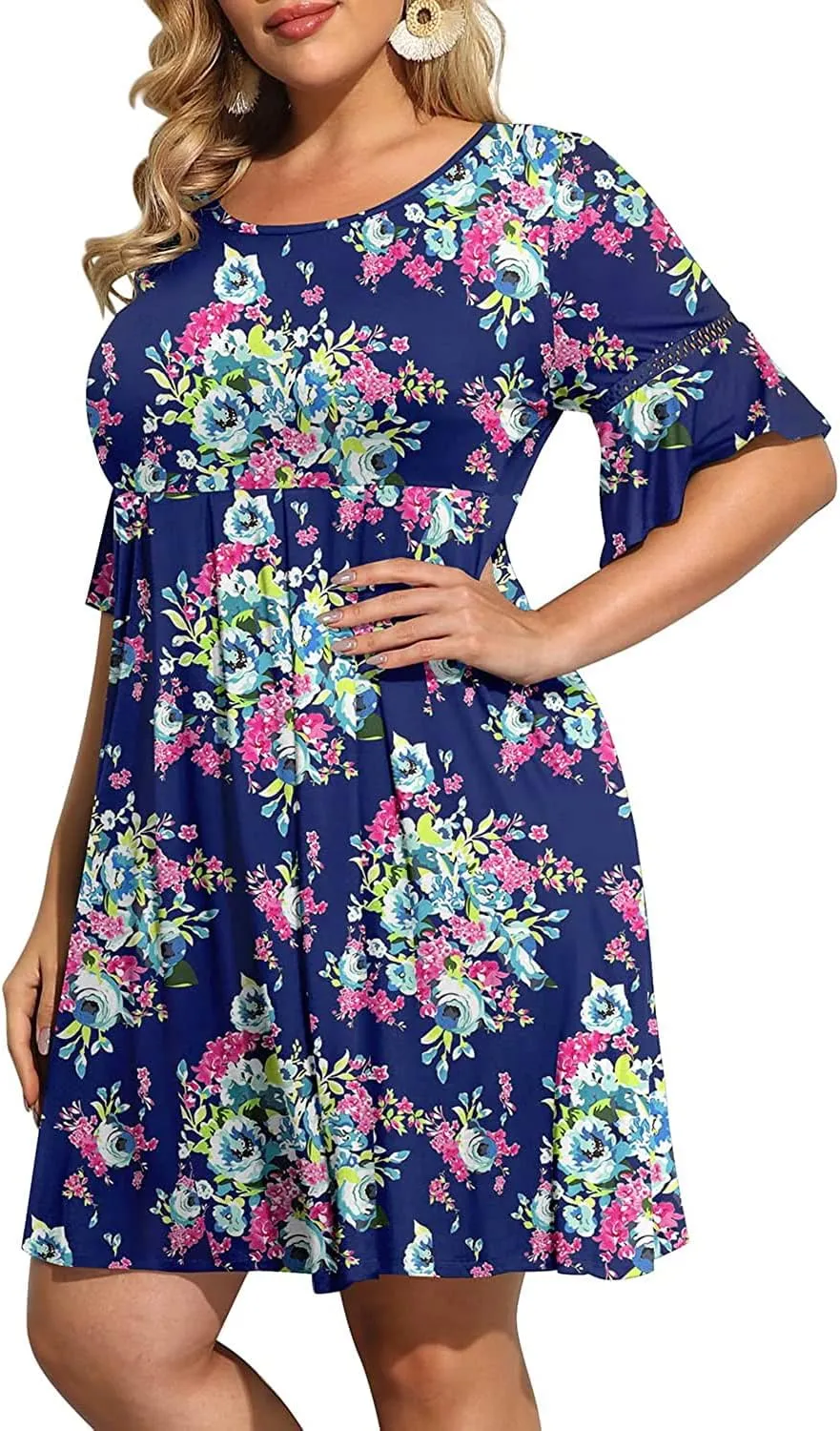 Pinup Fashion Women's Plus Size Bell Sleeve Round Neck Casual Summer Knit Babydoll Swing Sundress Pockets