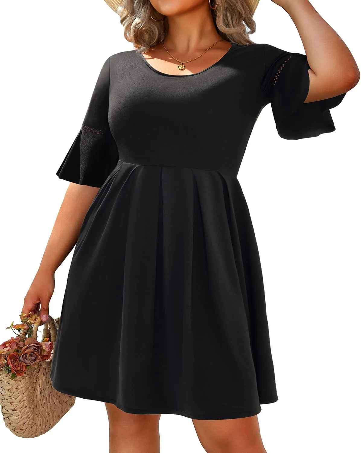 Pinup Fashion Women's Plus Size Bell Sleeve Round Neck Casual Summer Knit Babydoll Swing Sundress Pockets