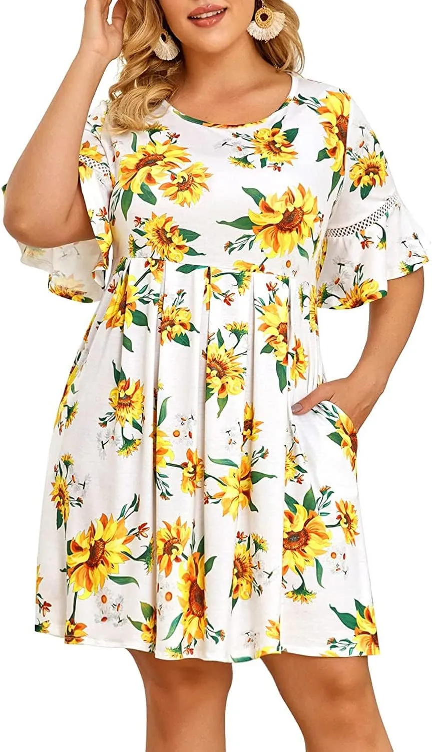 Pinup Fashion Women's Plus Size Bell Sleeve Round Neck Casual Summer Knit Babydoll Swing Sundress Pockets
