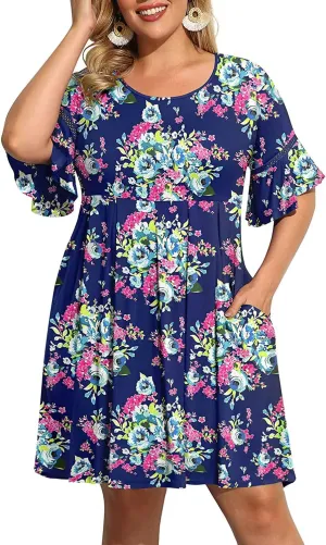 Pinup Fashion Women's Plus Size Bell Sleeve Round Neck Casual Summer Knit Babydoll Swing Sundress Pockets