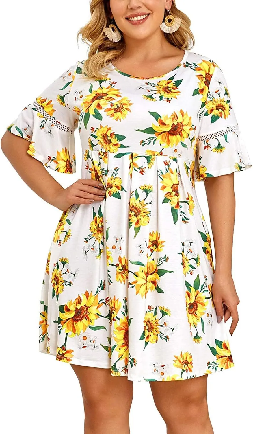 Pinup Fashion Women's Plus Size Bell Sleeve Round Neck Casual Summer Knit Babydoll Swing Sundress Pockets