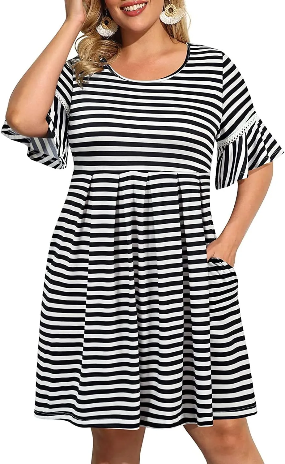 Pinup Fashion Women's Plus Size Bell Sleeve Round Neck Casual Summer Knit Babydoll Swing Sundress Pockets