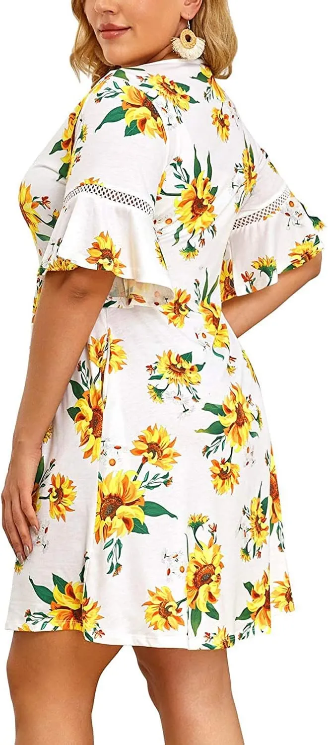 Pinup Fashion Women's Plus Size Bell Sleeve Round Neck Casual Summer Knit Babydoll Swing Sundress Pockets