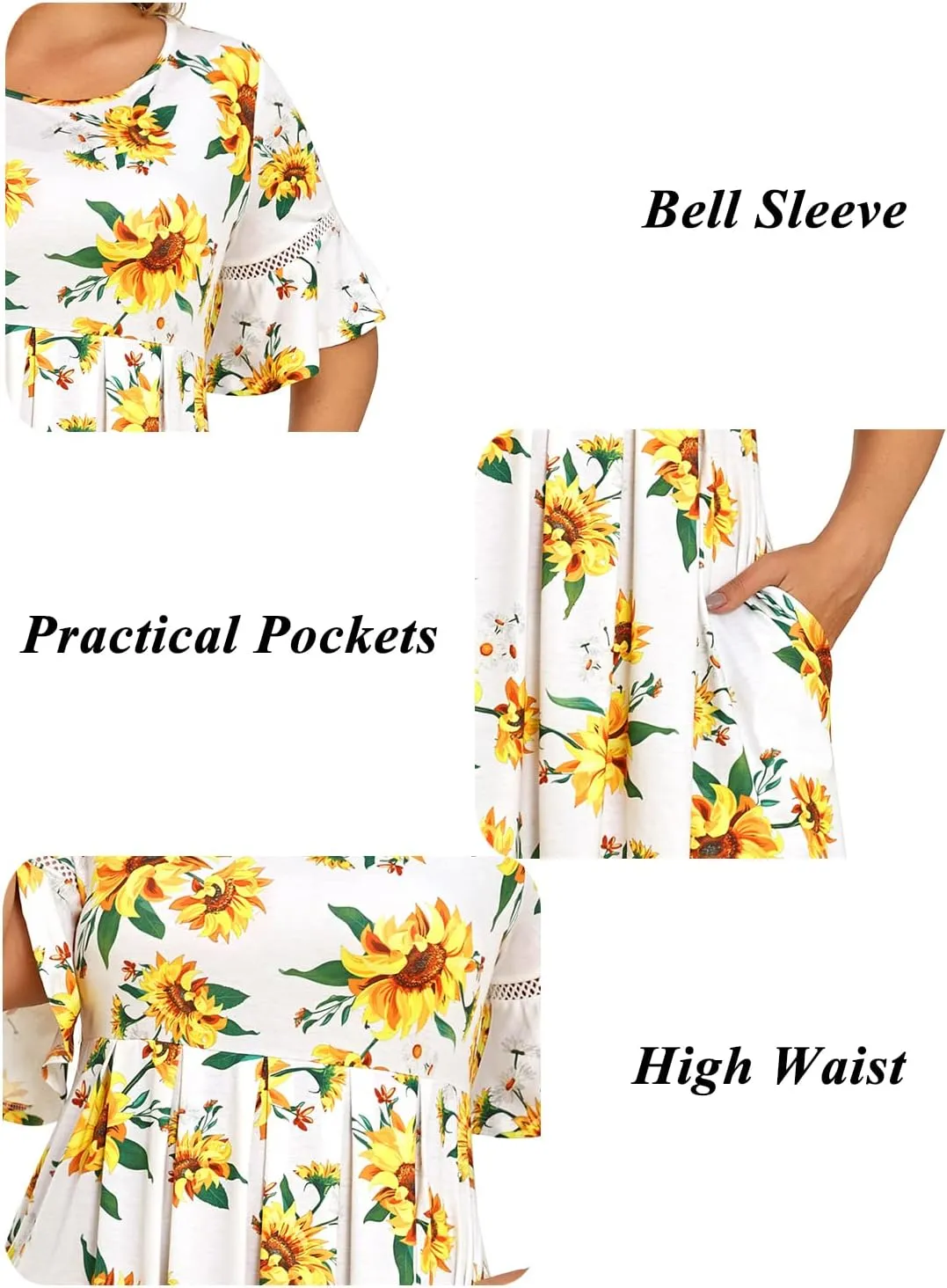 Pinup Fashion Women's Plus Size Bell Sleeve Round Neck Casual Summer Knit Babydoll Swing Sundress Pockets