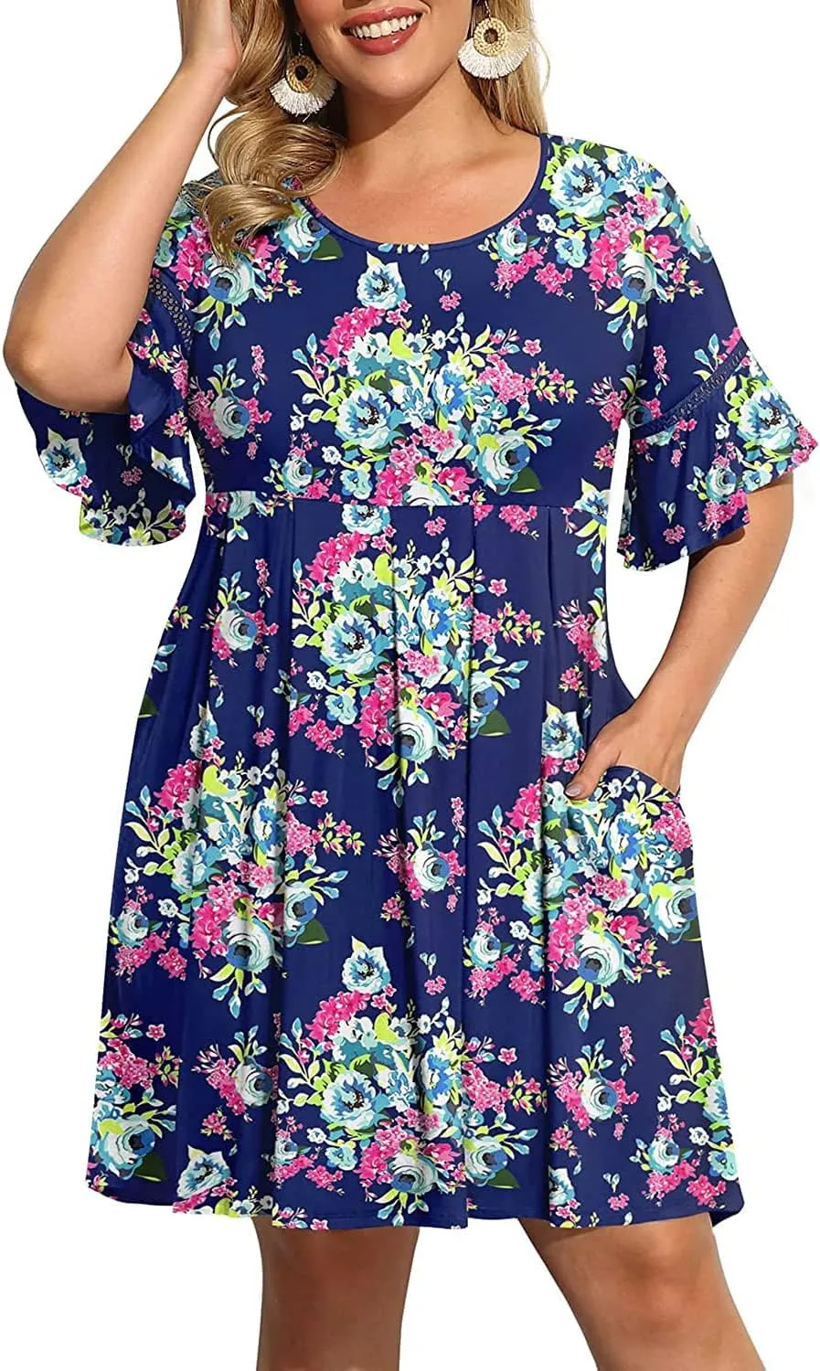 Pinup Fashion Women's Plus Size Bell Sleeve Round Neck Casual Summer Knit Babydoll Swing Sundress Pockets
