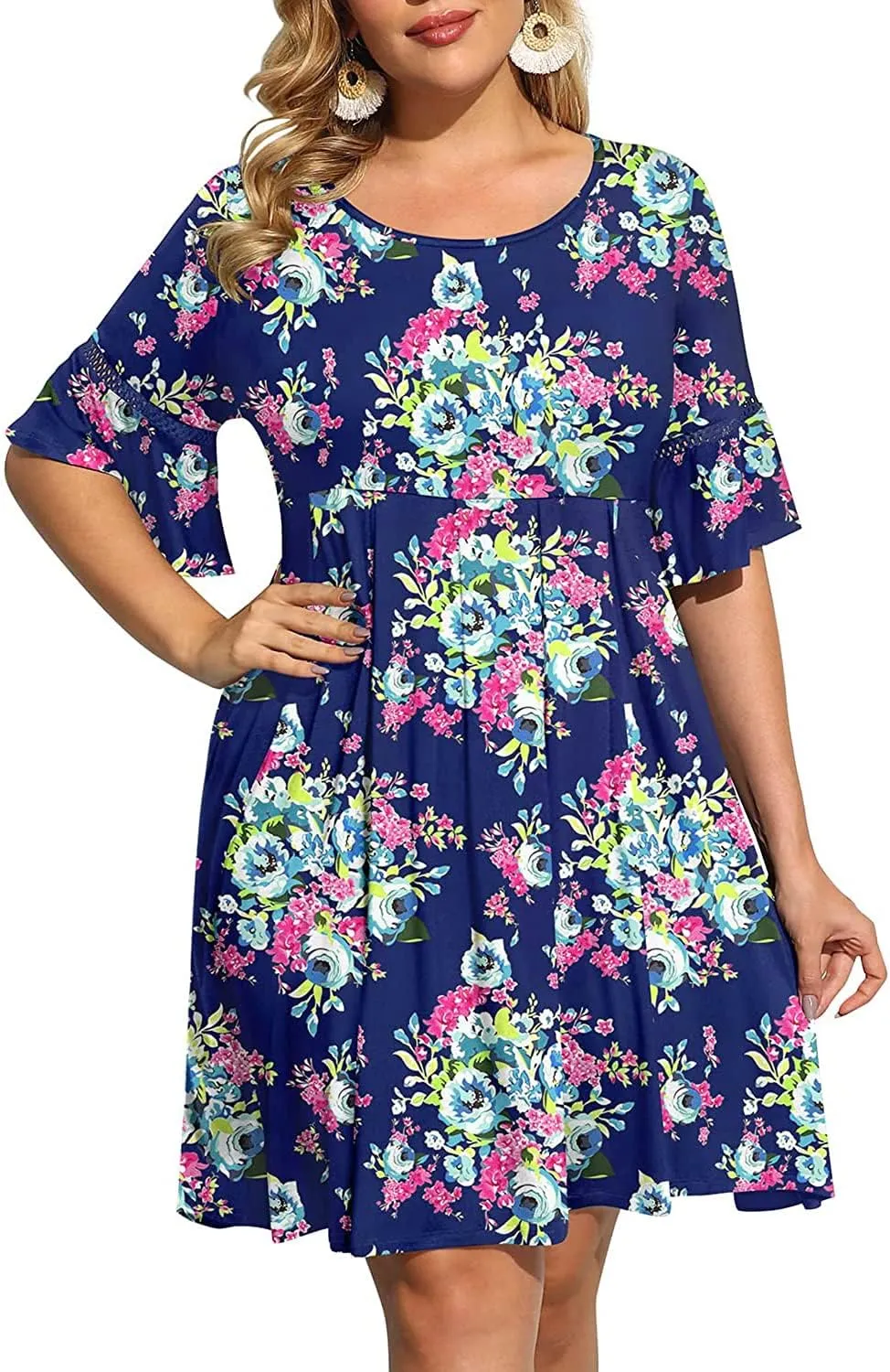 Pinup Fashion Women's Plus Size Bell Sleeve Round Neck Casual Summer Knit Babydoll Swing Sundress Pockets