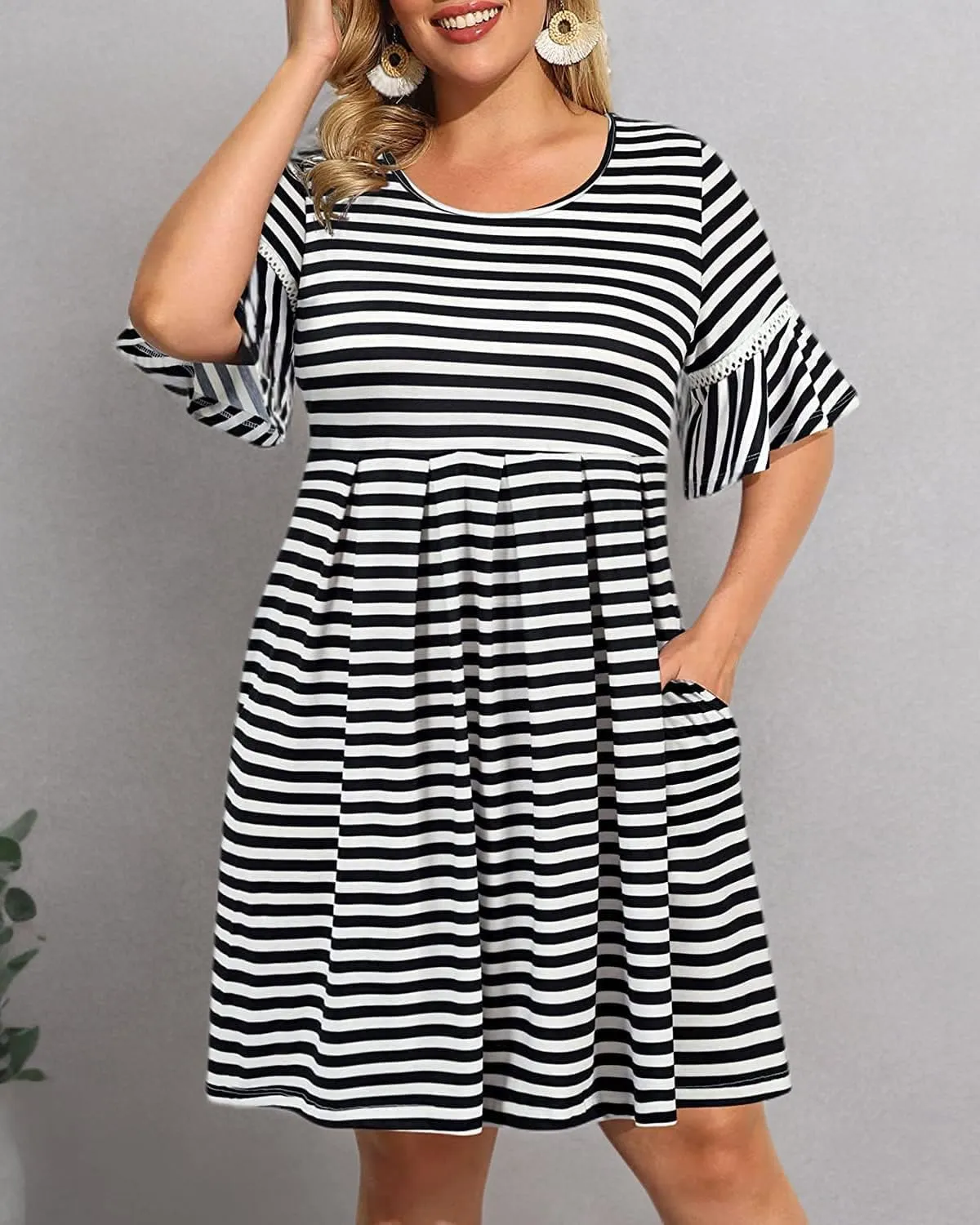 Pinup Fashion Women's Plus Size Bell Sleeve Round Neck Casual Summer Knit Babydoll Swing Sundress Pockets