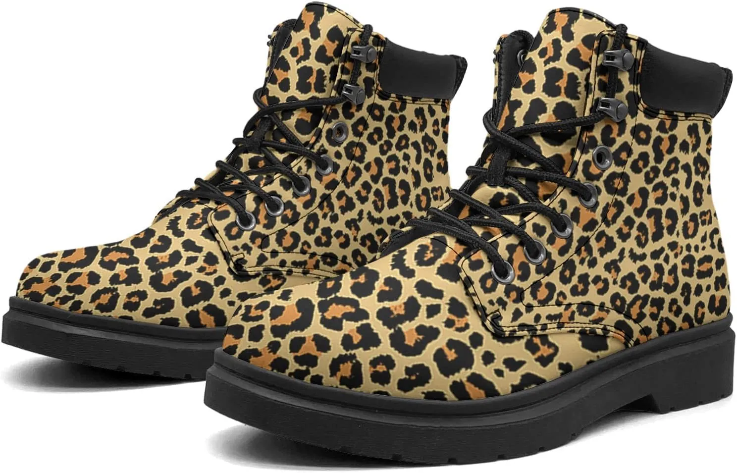 Pitovozu Tiger Leopard Skin Boots Womens Snow Boots Ankle Anti-Slip Combat Boots Lace Up Winter Waterproof Leather Boots Shoes Gifts for Women