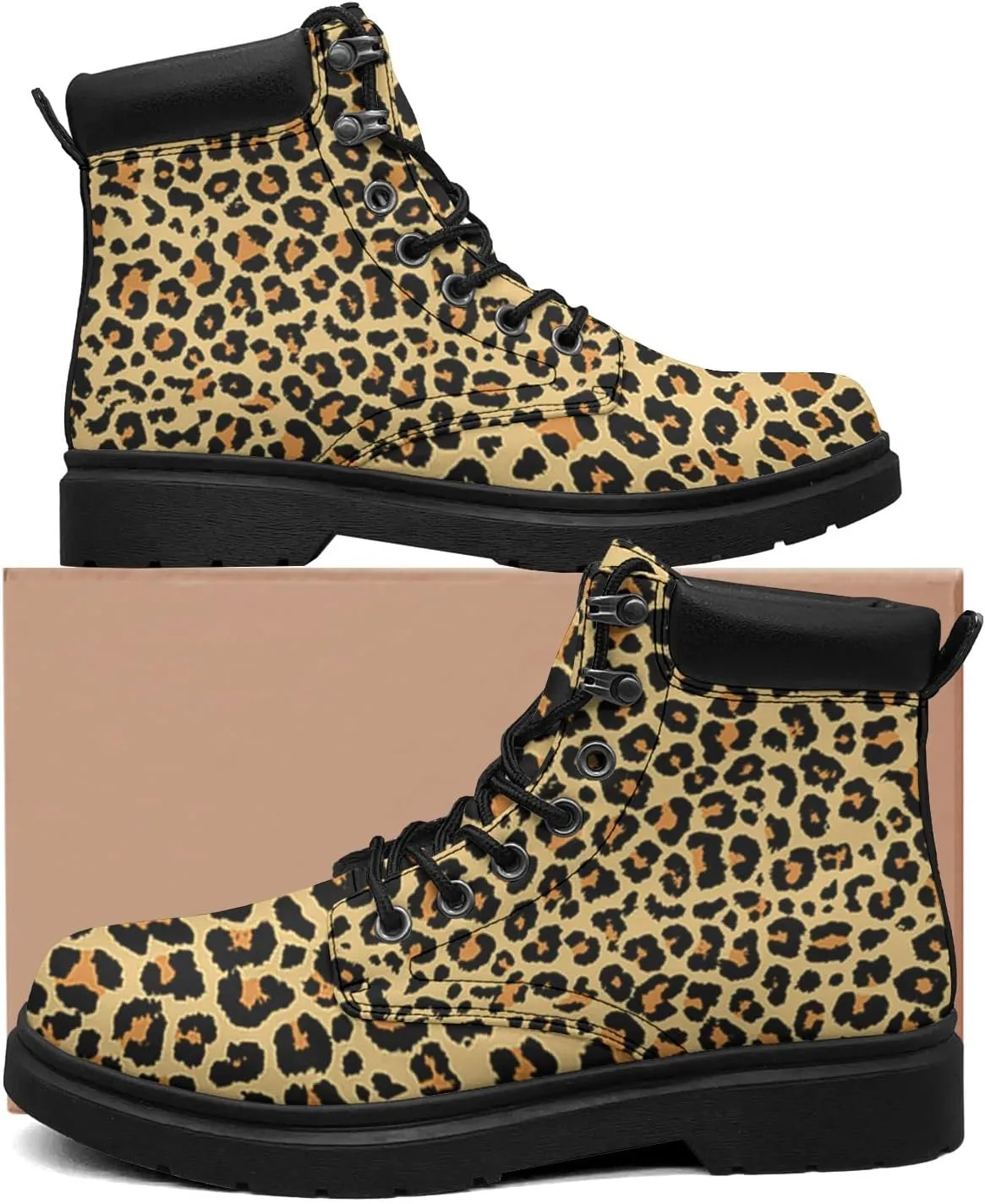 Pitovozu Tiger Leopard Skin Boots Womens Snow Boots Ankle Anti-Slip Combat Boots Lace Up Winter Waterproof Leather Boots Shoes Gifts for Women