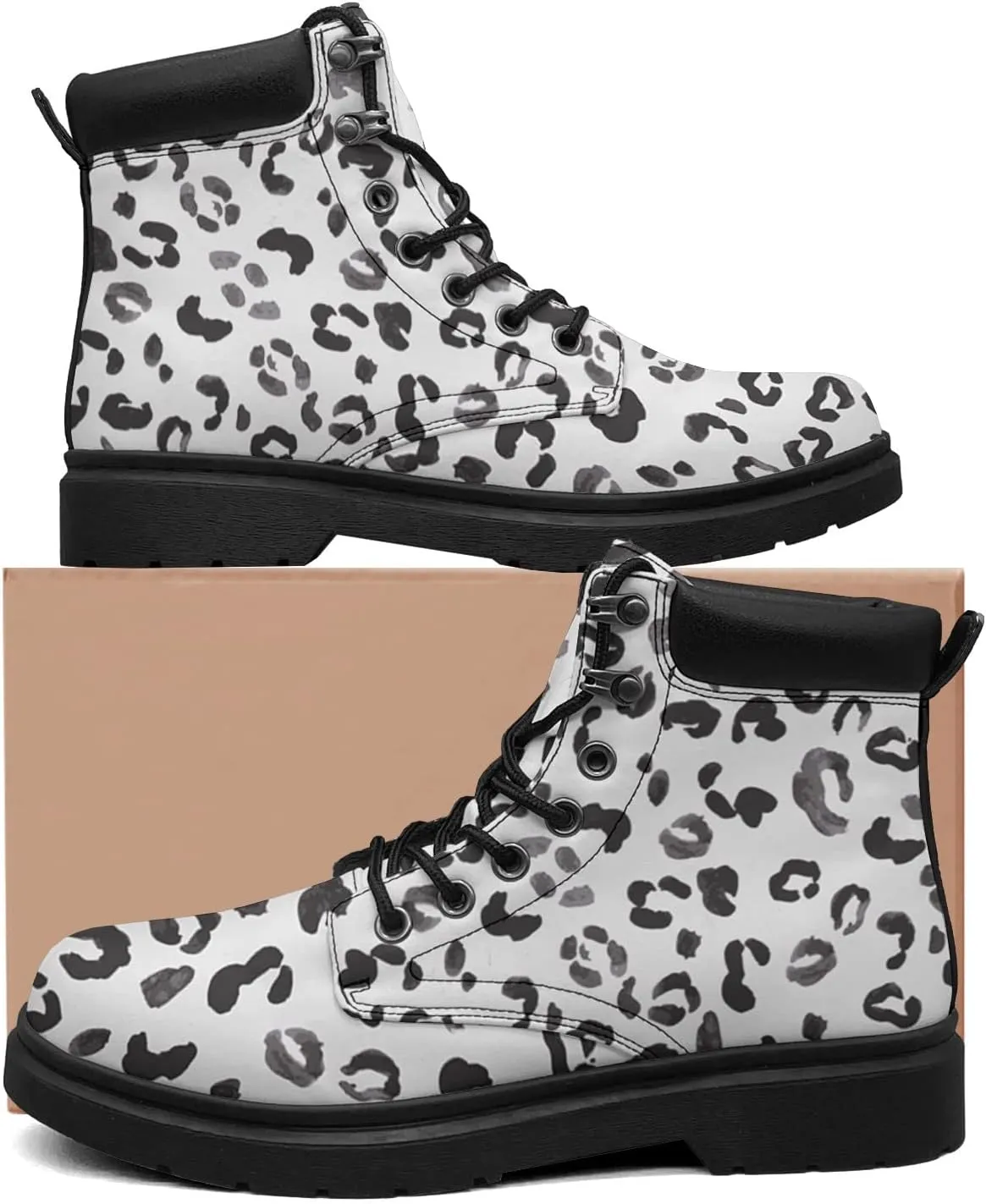Pitovozu Tiger Leopard Skin Boots Womens Snow Boots Ankle Anti-Slip Combat Boots Lace Up Winter Waterproof Leather Boots Shoes Gifts for Women