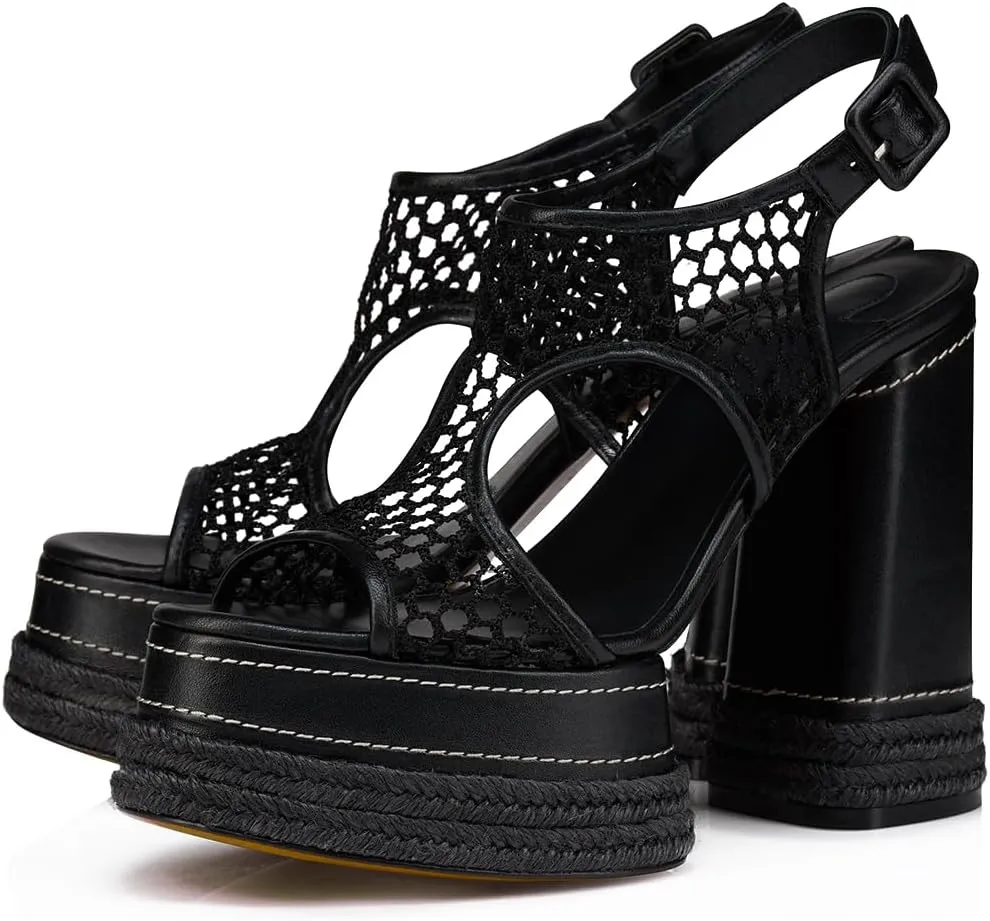 Platform Heeled Sandals for Women Hollow Woven Chunky Heeled Sandals Comfort Beach Braided Platform Block Heels