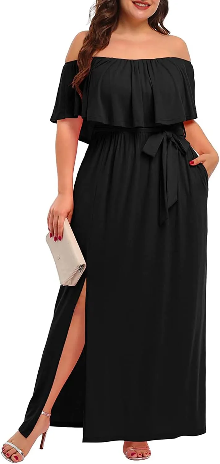 Plus Size Off The Shoulder Maxi Long Casual Beach Dress Pockets Women