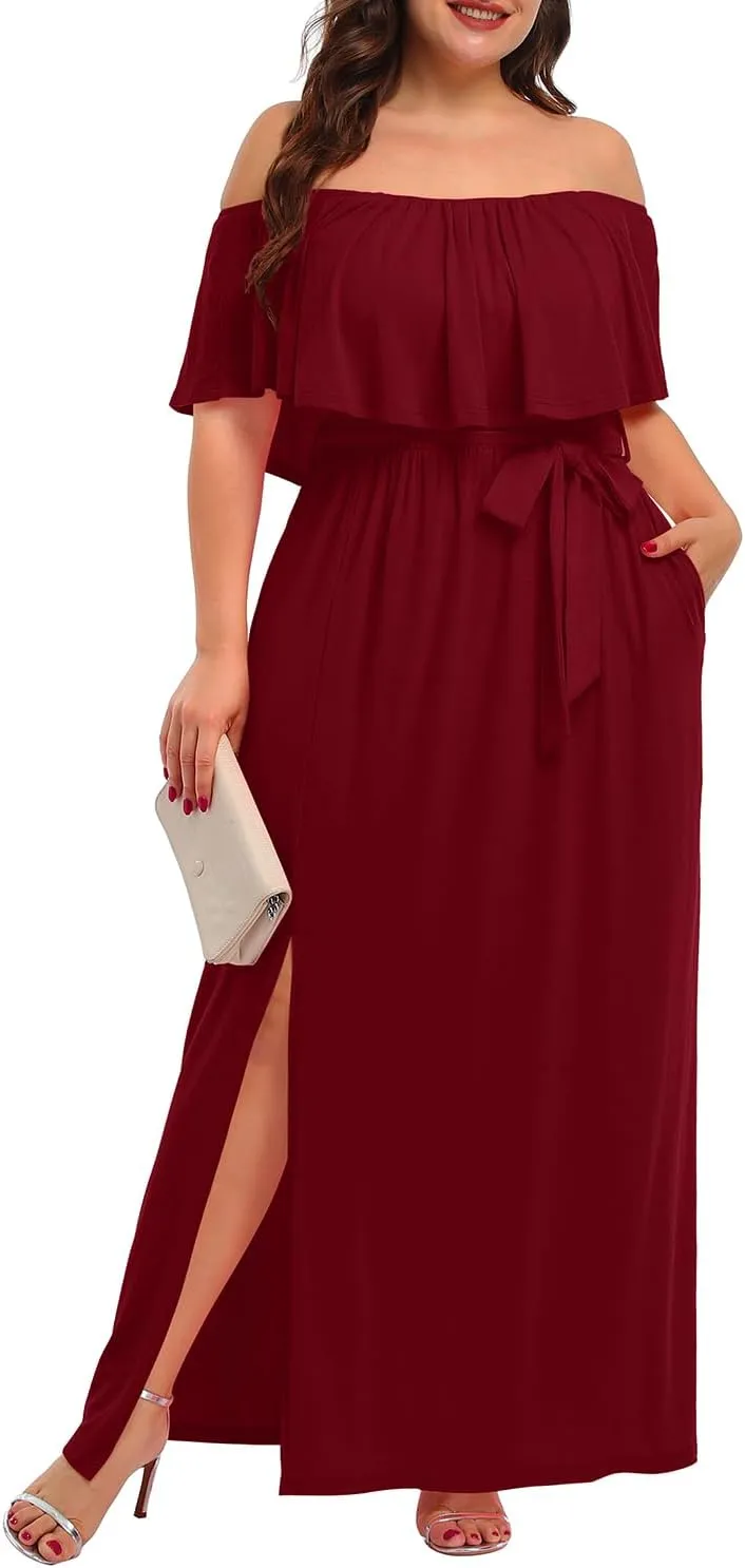 Plus Size Off The Shoulder Maxi Long Casual Beach Dress Pockets Women