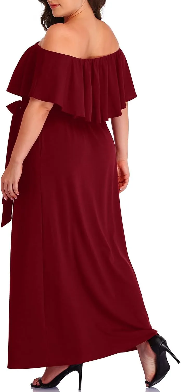 Plus Size Off The Shoulder Maxi Long Casual Beach Dress Pockets Women
