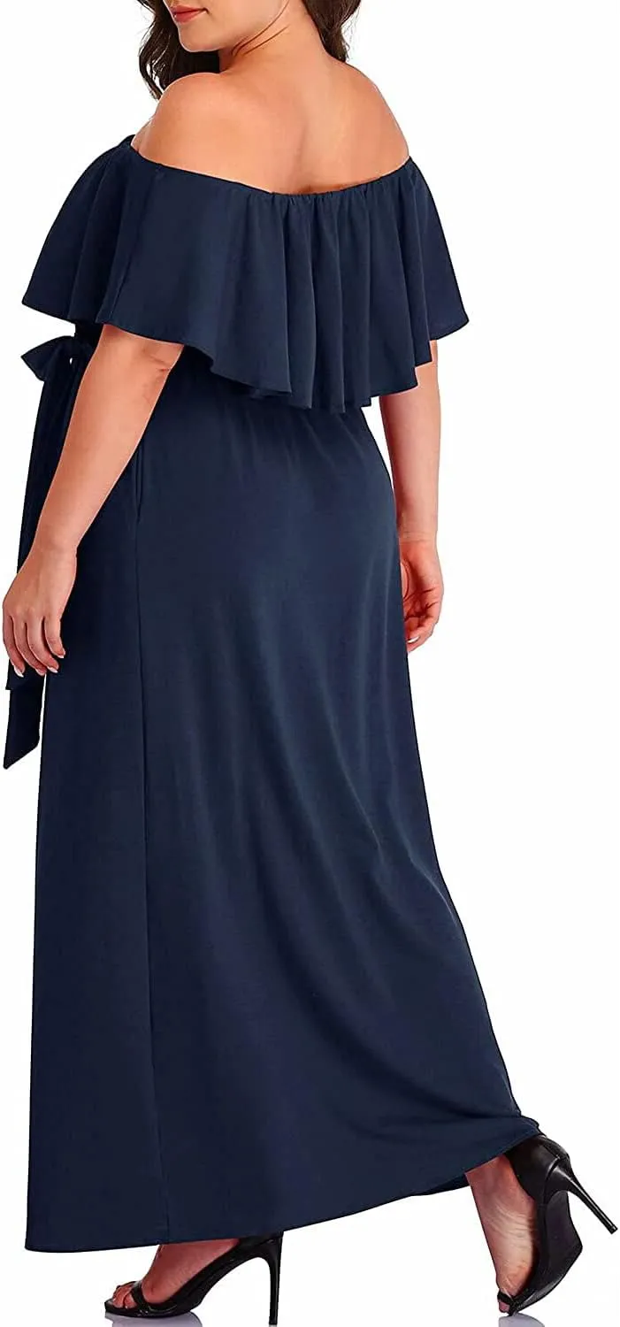 Plus Size Off The Shoulder Maxi Long Casual Beach Dress Pockets Women