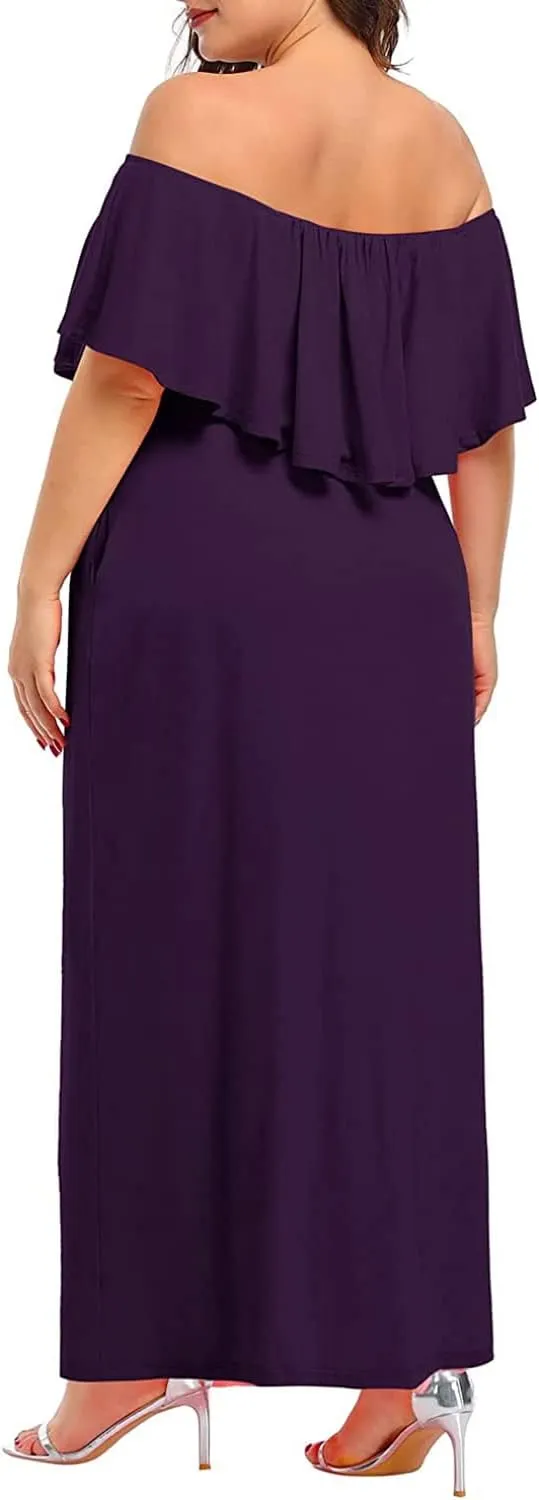 Plus Size Off The Shoulder Maxi Long Casual Beach Dress Pockets Women