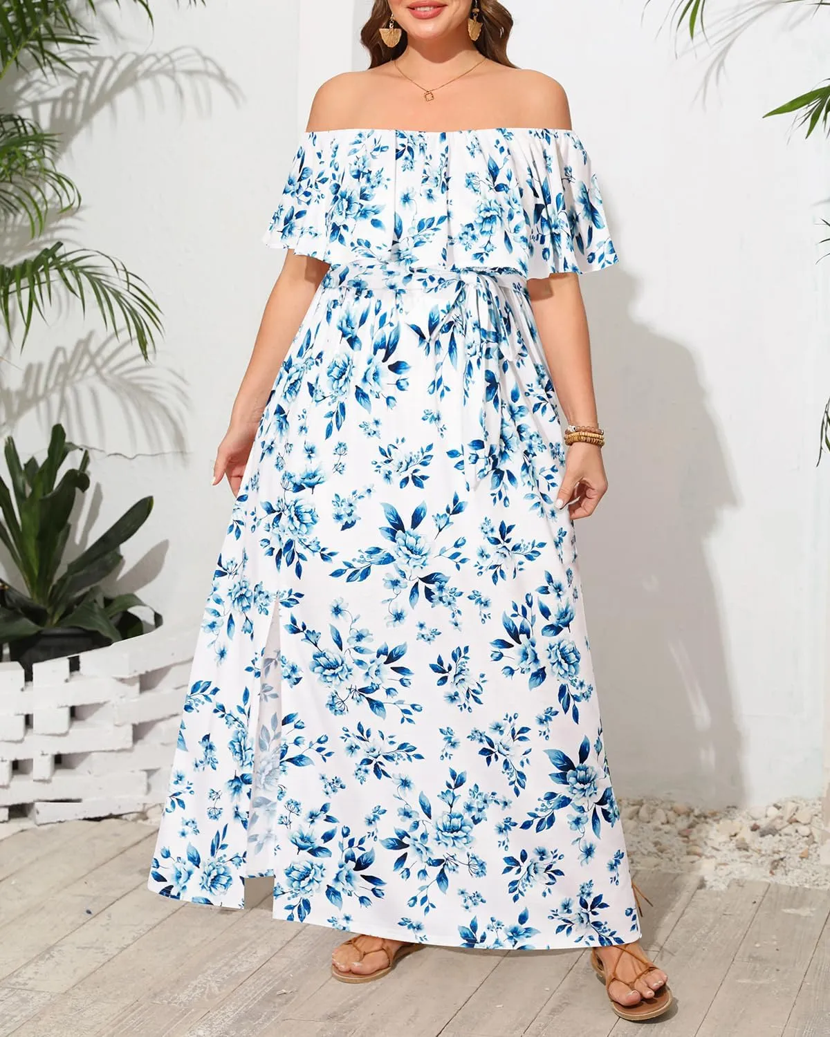 Plus Size Off The Shoulder Maxi Long Casual Beach Dress Pockets Women