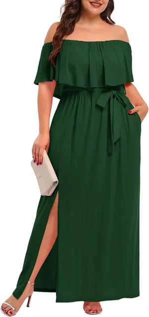 Plus Size Off The Shoulder Maxi Long Casual Beach Dress Pockets Women