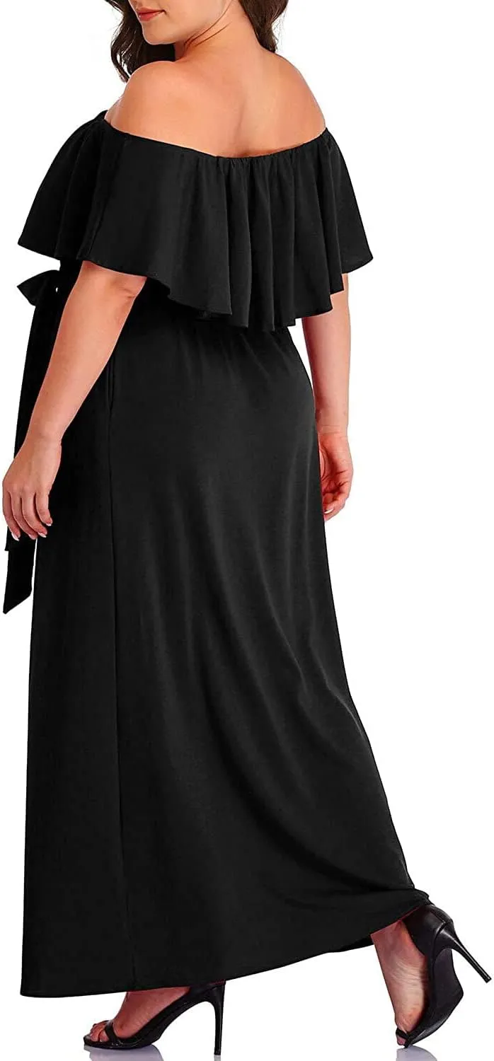 Plus Size Off The Shoulder Maxi Long Casual Beach Dress Pockets Women