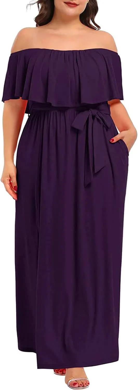 Plus Size Off The Shoulder Maxi Long Casual Beach Dress Pockets Women