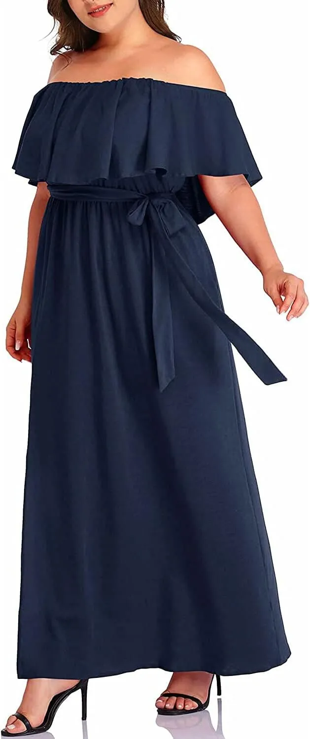Plus Size Off The Shoulder Maxi Long Casual Beach Dress Pockets Women