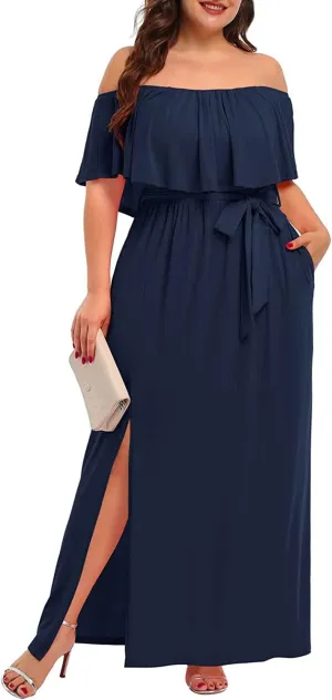 Plus Size Off The Shoulder Maxi Long Casual Beach Dress Pockets Women