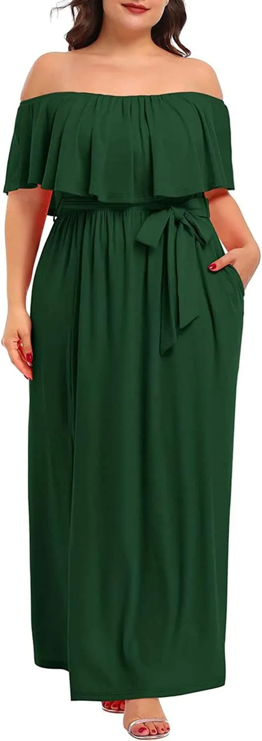 Plus Size Off The Shoulder Maxi Long Casual Beach Dress Pockets Women