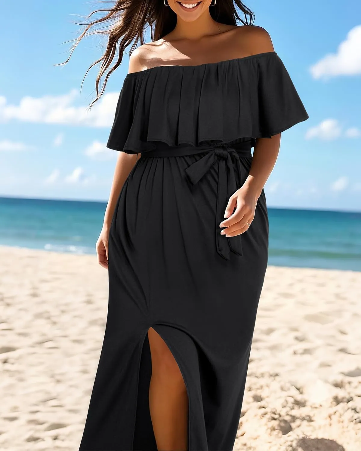 Plus Size Off The Shoulder Maxi Long Casual Beach Dress Pockets Women