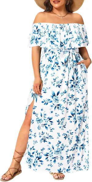 Plus Size Off The Shoulder Maxi Long Casual Beach Dress Pockets Women
