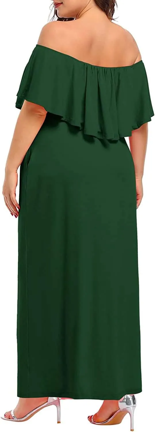 Plus Size Off The Shoulder Maxi Long Casual Beach Dress Pockets Women