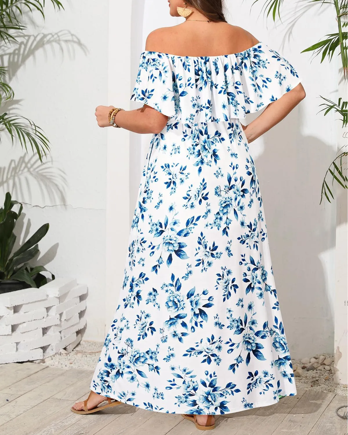 Plus Size Off The Shoulder Maxi Long Casual Beach Dress Pockets Women