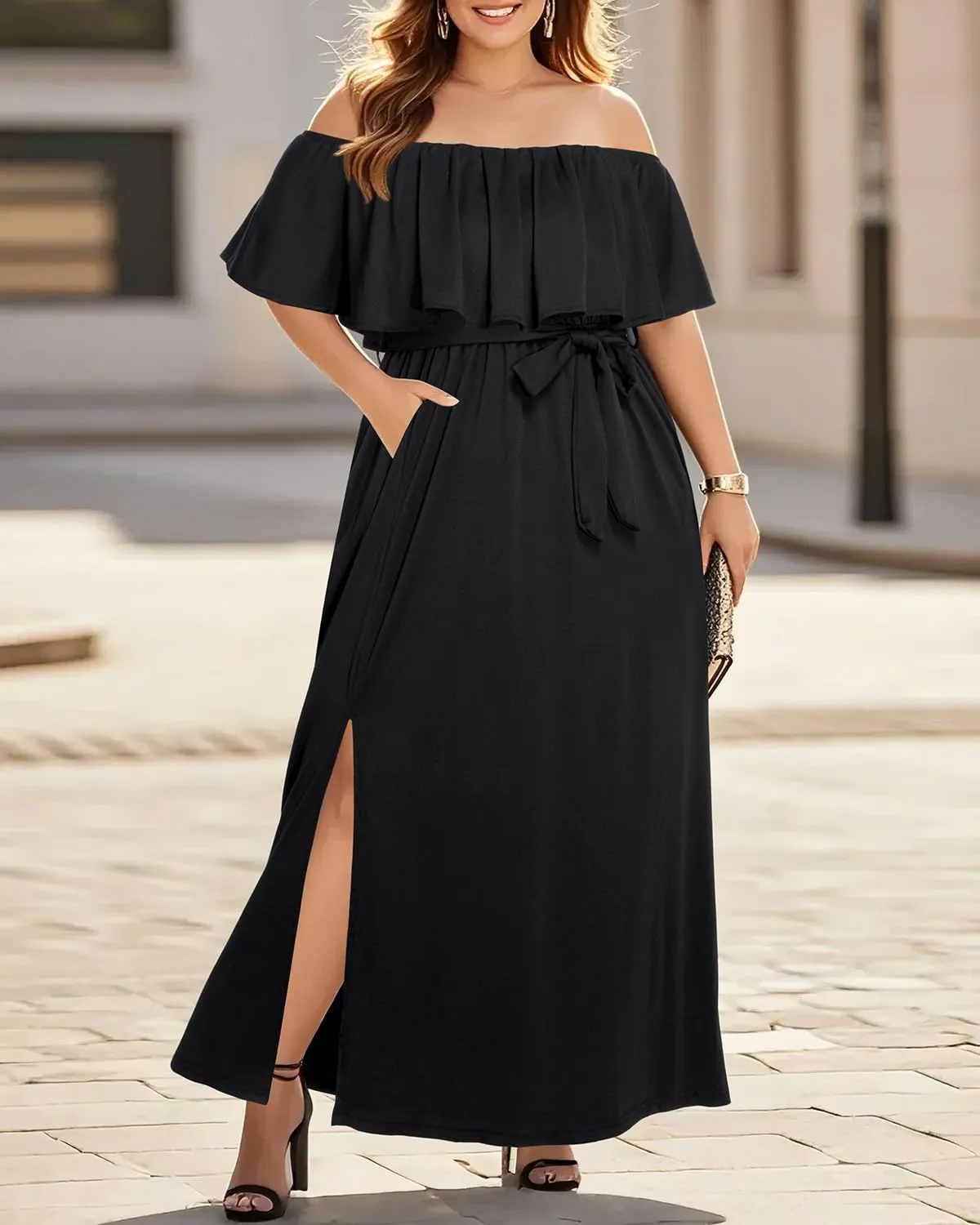 Plus Size Off The Shoulder Maxi Long Casual Beach Dress Pockets Women