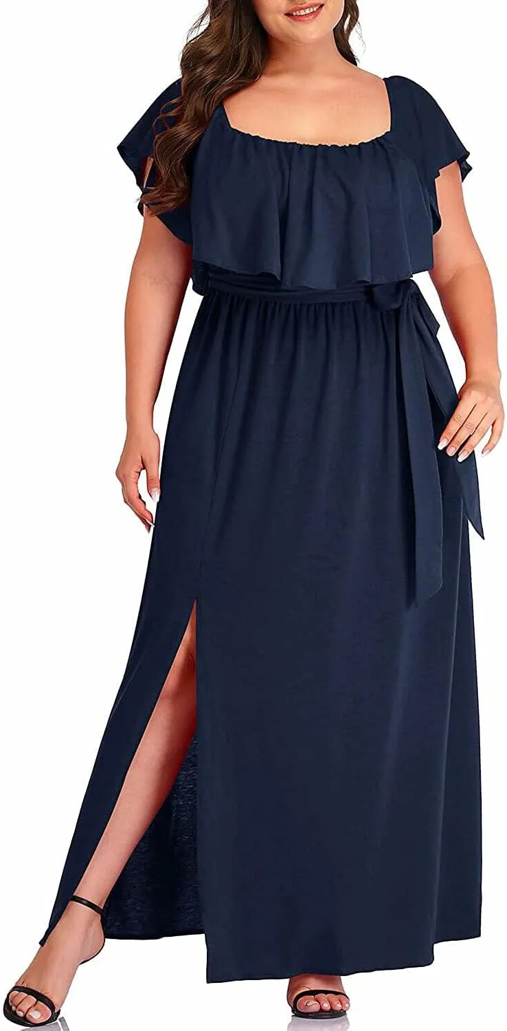Plus Size Off The Shoulder Maxi Long Casual Beach Dress Pockets Women