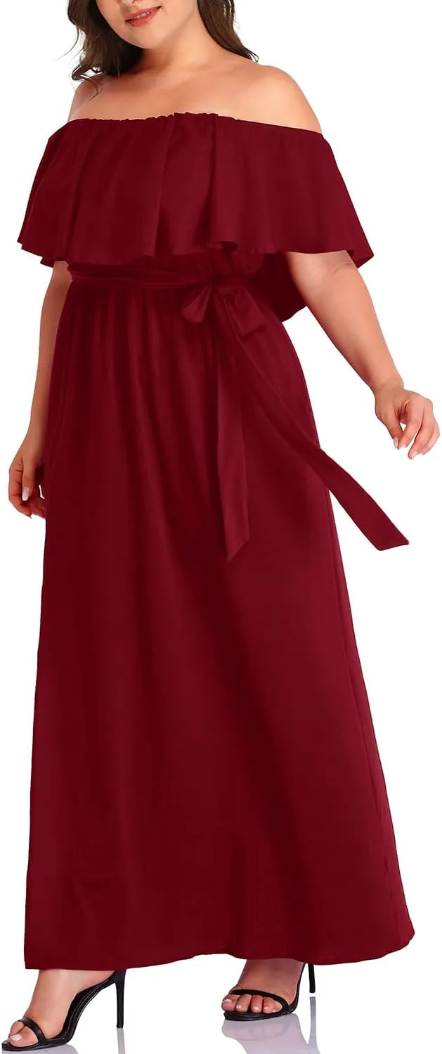 Plus Size Off The Shoulder Maxi Long Casual Beach Dress Pockets Women