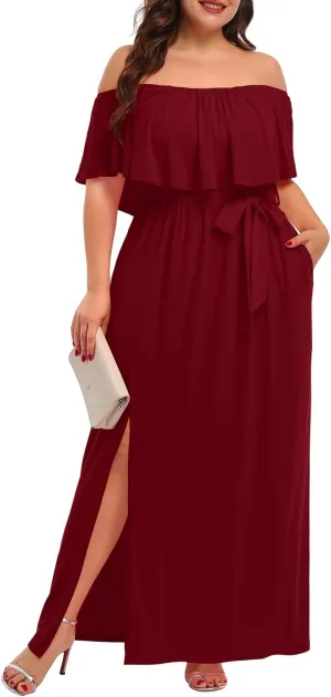 Plus Size Off The Shoulder Maxi Long Casual Beach Dress Pockets Women