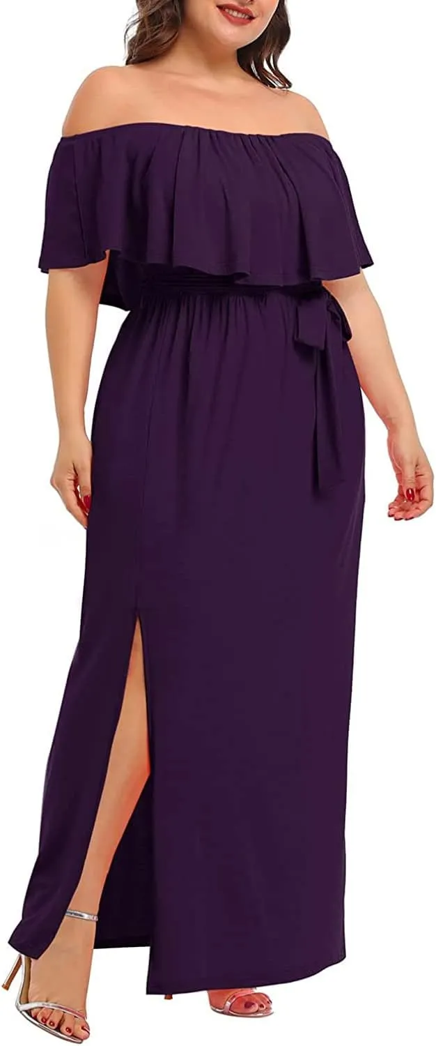 Plus Size Off The Shoulder Maxi Long Casual Beach Dress Pockets Women