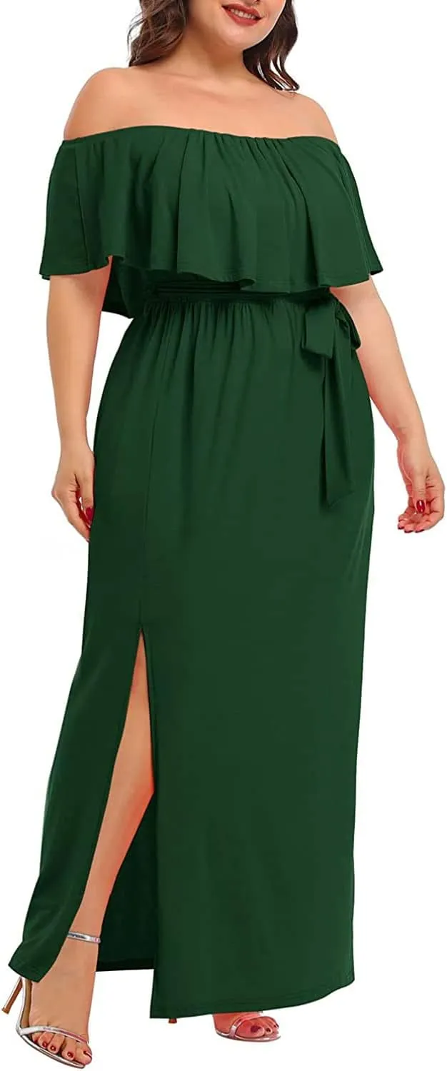 Plus Size Off The Shoulder Maxi Long Casual Beach Dress Pockets Women
