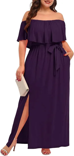 Plus Size Off The Shoulder Maxi Long Casual Beach Dress Pockets Women