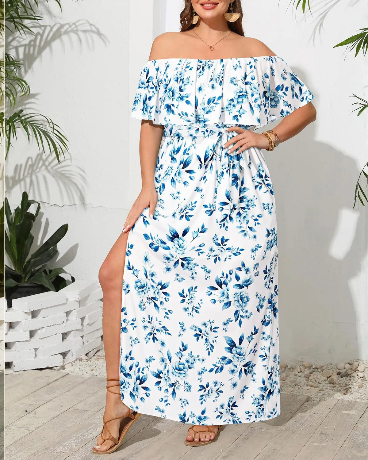 Plus Size Off The Shoulder Maxi Long Casual Beach Dress Pockets Women