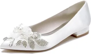 Pointed Toe Bridesmaid Flats Shoes Wedding Dress Pearl Bridal Shoes Womens Party Lace Evening Shoes