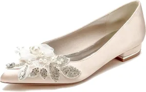 Pointed Toe Bridesmaid Flats Shoes Wedding Dress Pearl Bridal Shoes Womens Party Lace Evening Shoes