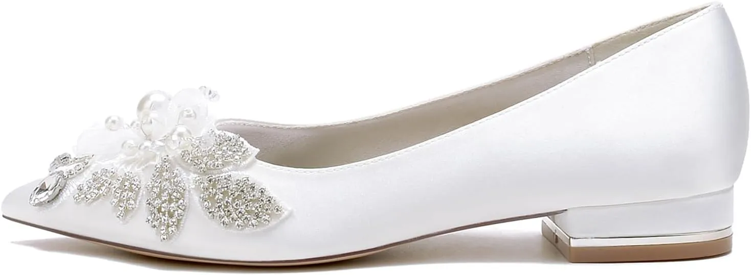 Pointed Toe Bridesmaid Flats Shoes Wedding Dress Pearl Bridal Shoes Womens Party Lace Evening Shoes