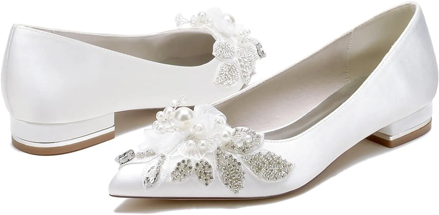 Pointed Toe Bridesmaid Flats Shoes Wedding Dress Pearl Bridal Shoes Womens Party Lace Evening Shoes